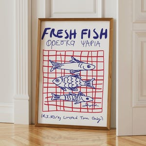 Lámina de pescado fresco: Arte mural de cocina de estilo moderno de mediados de siglo, lámina de arte costero de mercado de pescado, póster playero retro, lámina de mariscos para restaurantes