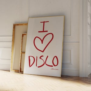 I Heart Disco ポスター - ミッドセンチュリープリント - 美的部屋の装飾 - 70 年代のトレンディなウォールアート - バウハウス スタイルのポスター - レトロなタイポグラフィプリント - 赤