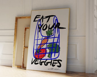 Eat Your Veggies Print - Obst Poster - Pop Art Druck - Lebensmittel Illustration - Obstmarkt Druck - Obst und Gemüse Druck - Botanisches Poster