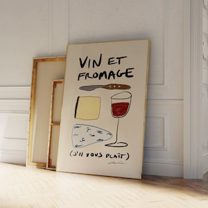 Vin et Fromage Print - Retro Wine Print - Bar Cart Art - Retro Cocktail Poster - Retro drankje Print - Vintage Wine Print - French Food Print