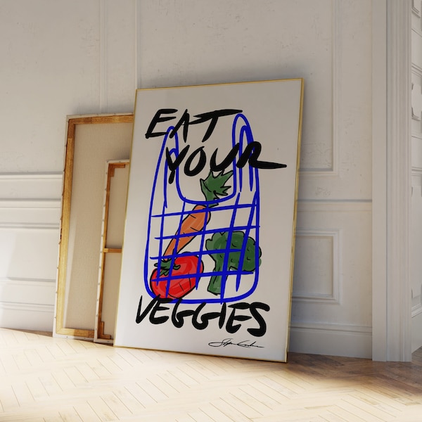 Eat Your Veggies Print - Obst Poster - Pop Art Druck - Lebensmittel Illustration - Obstmarkt Druck - Obst und Gemüse Druck - Botanisches Poster