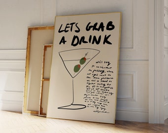 Let's Grab A Drink Poster - Hand Drawn Print - Martini Print - Retro Drink Art - Mid Century Print - Modern Kitchen Art - Bar Cart Art