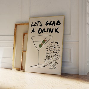 Let's Grab A Drink Poster - Hand Drawn Print - Martini Print - Retro Drink Art - Mid Century Print - Modern Kitchen Art - Bar Cart Art