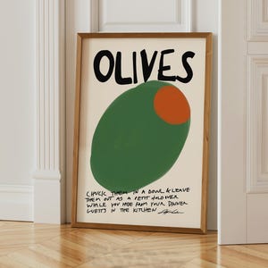 Olives Poster: Trendy Kitchen Wall Art, Retro Food Illustration, Bar Cart Art, Retro Typography, Home Decor Housewarming Gift
