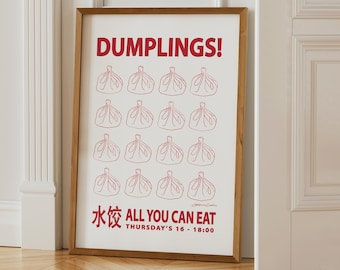 All You Can Eat Dumplings Poster: Retro Asian Food Typography Print, Trendy Kitchen Wall Art, Chinese Food Art, Posters for Dining Room