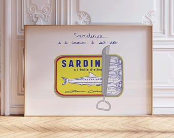 Vintage Sardines Print: French Kitchen Wall Art, Retro Food Poster, Hand Drawn Tinned Fish Art Print