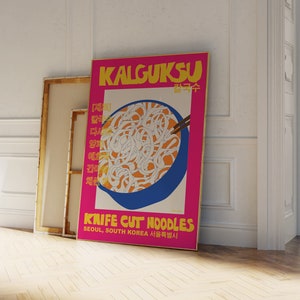 Afiche de Kalguksu - Afiche de comida coreana - Impresión de fideos - Ilustración de comida coreana - Impresión de póster azul - Arte de cocina - Impresión de fideos cortados con cuchillo