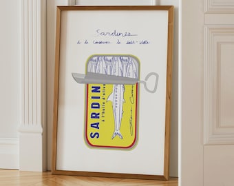 Sardines Art Print: Retro Food Illustration, Mid-Century Modern Kitchen Wall Art, Vintage Stye French Tinned Fish Sketch
