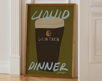 Impresión de cerveza Guinness Liquid Dinner: arte mural irlandés para la cocina y el bar.