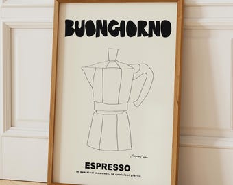 Poster Buongiorno Coffee: decorazione murale retrò per la cucina, stampa artistica italiana con espresso per la postazione caffè, arredamento minimalista per il bar, bianco e nero neutro