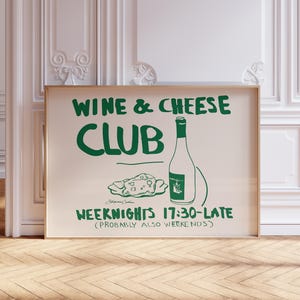 Pôster horizontal do Clube do Vinho e Queijo: Arte de cozinha moderna de meados do século XX, arte de parede longa e estreita para sala de jantar e carrinho de bar, tipografia elegante.