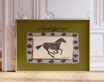 Horizontal Giddyup Horse Wall art print, Southwest Western Poster Cowboy Illustration