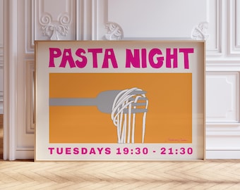 Pasta Night Horizontal Poster: Modern Kitchen Wall Art Print, Retro Narrow Spaghetti Print