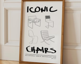 Kultowy nadruk na krześle: plakat wystawowy Bauhaus, sztuka modernistyczna połowy XX wieku