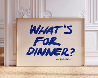 What's For Dinner Horizontal Print, Mid Century Print,  Aesthetic art, Bauhaus Print, Typography Print, Kitchen wall art, Narrow Print, Blue