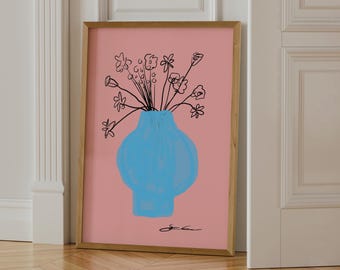 Blue Vase Floral Poster Print: Modern Folk Botanical Wall Art