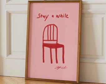 Stay a While Print: Pink Chair, Bauhaus Style Art, Chic Minimalistic Wall art for Living Room or Gallery Wall, Pink and Red