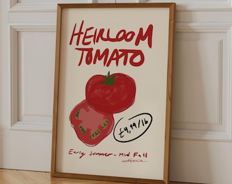 Heirloom Tomato Kitchen Art Print, Modern Farmhouse Wall Decor, Dining Room Art, Cottagecore Botanical Fruit and Veg Wall Art