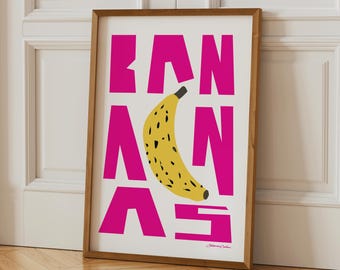 Bananas Art Print: Trendy Fruit Market Poster for Kitchen, Botanical Wall Art, Fruit Market Poster Print, Colorful Whimsical Art