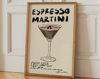 Espresso Martini Art Print: Mid Century Modern Bar Cart Art, Signature Cocktail Recipe Poster, Chic Minimalistic Wall Art for Kitchen