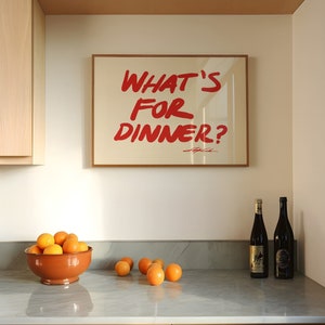 Horizontal What's for Dinner Poster, Red Kitchen Wall Art, Typography Poster, Narrow Minimalistic Prints for Dining Room and Restaurants