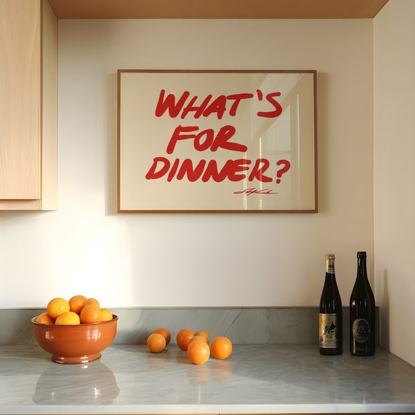 Horizontal What's for Dinner Poster, Red Kitchen Wall Art, Typography Poster, Narrow Minimalistic Prints for Dining Room and Restaurants