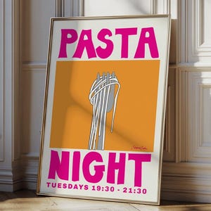 Retro Pasta Night Kitchen Wall Art Poster, Pink und Orange