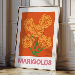 Lámina de caléndula, decoración de pared retro, arte bohemio de mediados de siglo, arte minimalista, estampado de mercado de flores de moda, fuente manuscrita