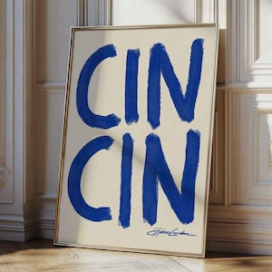 Cin Cin ウォールアートポスター、ブルータイポグラフィポスター、ミッドセンチュリーモダンキッチンアート、バーカートデコレーション