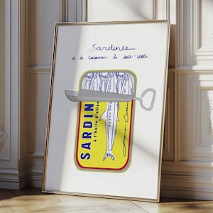 Sardines Print, Vintage Food Print, Tinned Fish Print, Retro Food Art, Mid Century Modern Kitchen Wall Art, Minimalistic French Sketch Print
