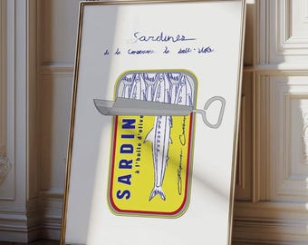 Impressão de sardinhas, impressão de comida vintage, impressão de peixe enlatado, arte de comida retrô, arte de parede de cozinha moderna de meados do século, impressão de esboço francês minimalista