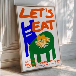 「Let's Eat」ポスター、ミッドセンチュリーモダンアート、トレンディなキッチンプリント、ミニマルなキッチンプリント、タイポグラフィ、カラフルなウォールアート、イラスト