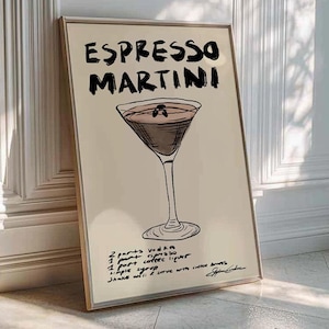 Sztuka Espresso Martini, Plakat Martini, Sztuka Przepisów na Koktajle, Druki na Wiwaty, Druki Alkoholowe, Sztuka Ścienna Koktajlowa, Sztuka Wózka Barowego, Mid Century Modern