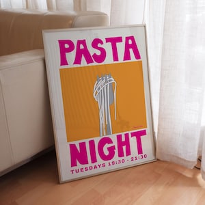 Retro Pasta Night Kitchen Wall Art Poster, Pink and Orange