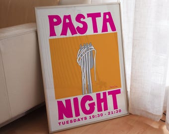 Retro Pasta Night Kitchen Wall Art Poster, Pink and Orange