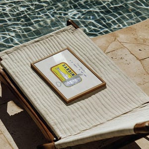 May include: A framed print of a sardine can label rests on a woven lounge chair. The label features a yellow and blue design with the word "SARDINES" and an illustration of a fish. The chair is positioned near a pool.