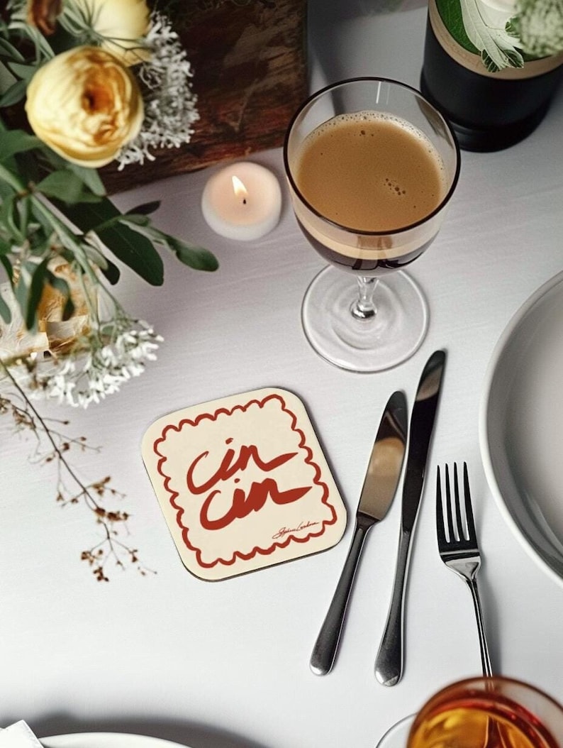 trendy coaster for dinner party bar cart decor cin cin hand written fold sketch