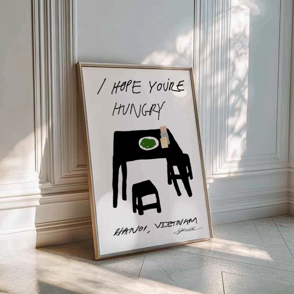 Espero que esteja com fome, decoração de restaurante asiático, pôster de culinária vietnamita, ilustração de comida asiática, arte de parede de cozinha moderna, impressão de café, esboço em preto e branco