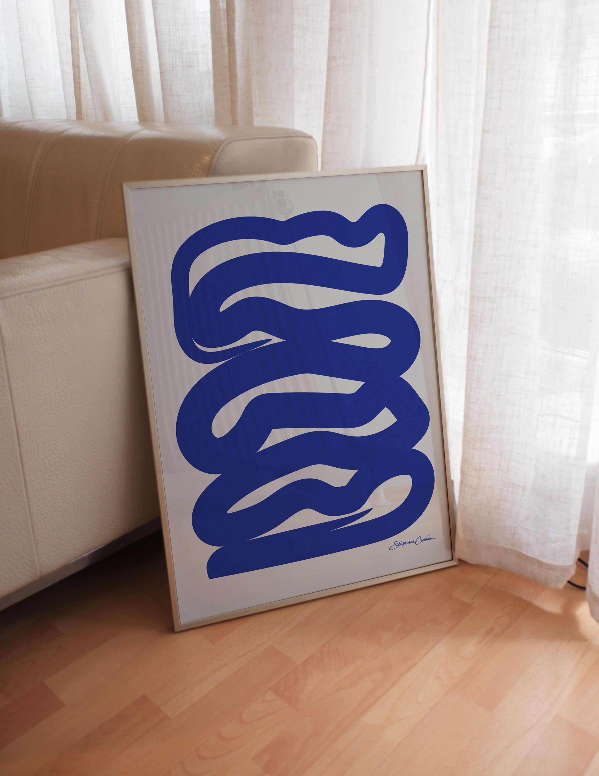 Blue Abstract Squiggle Art Print: Mid Century Modern Bauhaus
