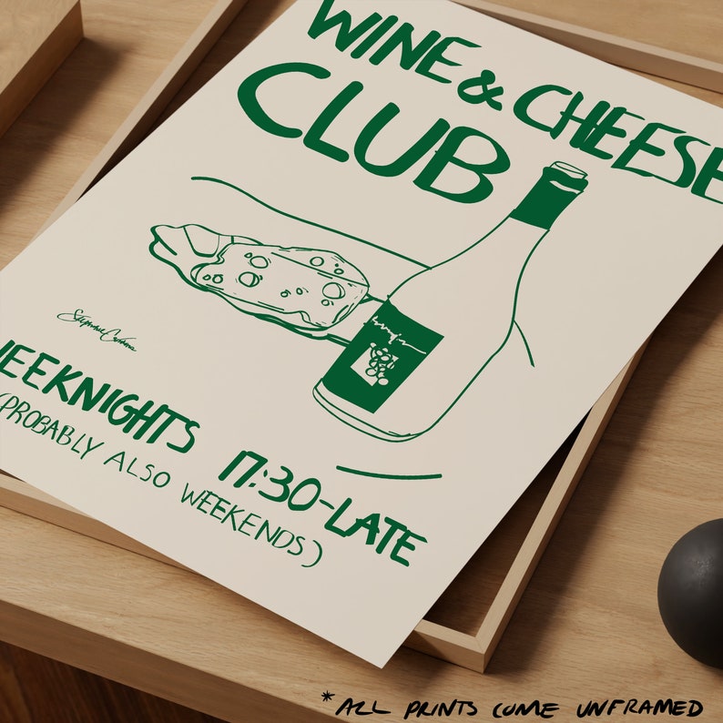 Wine and Cheese Club Poster Vintage Food Poster Wein Druck Retro Food Art Mid Century Modern Print Moderne Küchen Wandkunst Bild 3