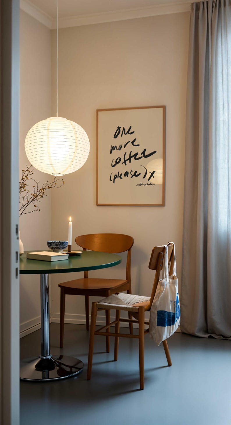 Puede incluir: Un comedor con una mesa redonda verde y dos sillas de madera. Una linterna de papel cuelga sobre la mesa. Un cartel enmarcado con el texto "One more coffee (please) x" est&aacute; en la pared. Una bolsa de mano cuelga en el respaldo de una silla.