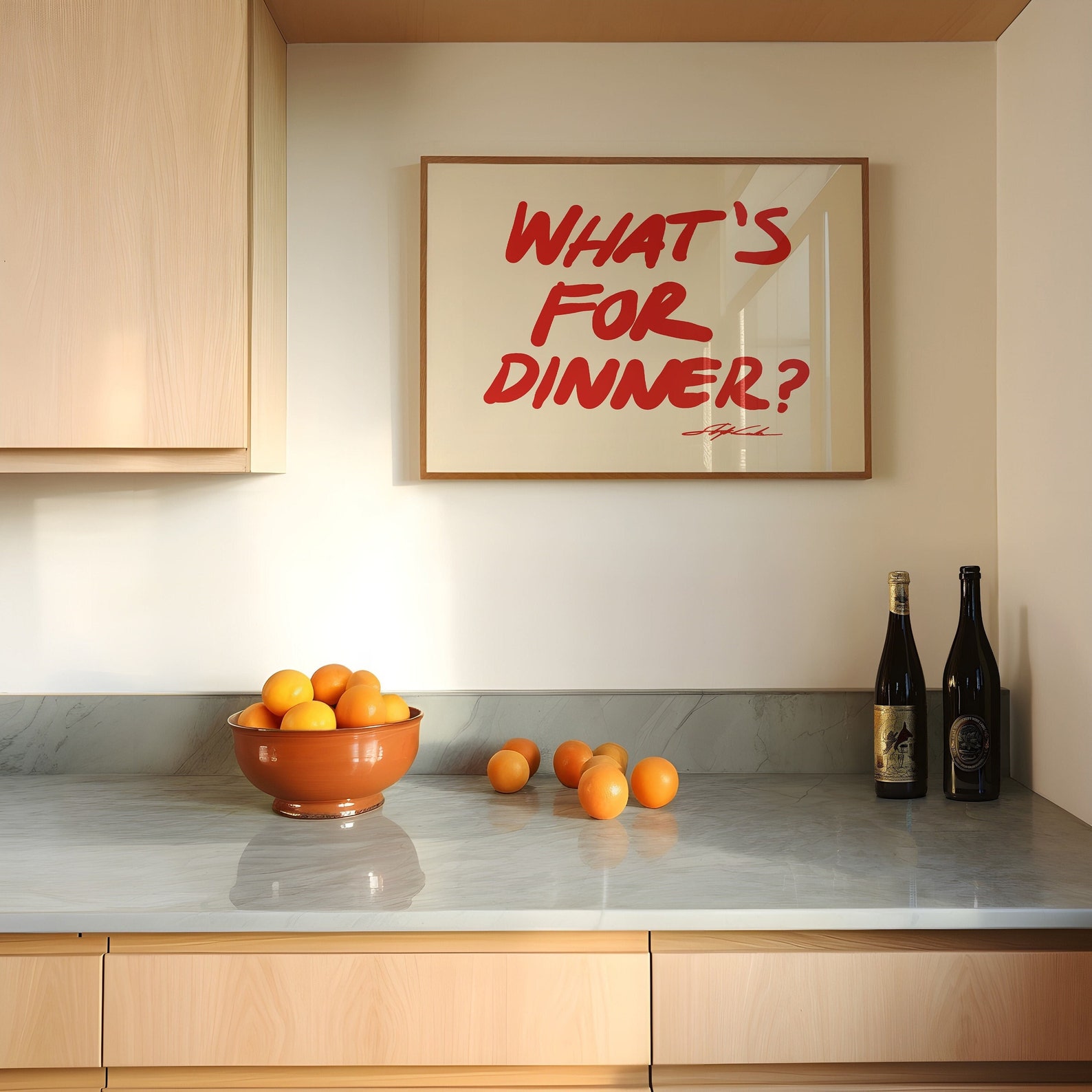 Horizontal What's for Dinner Poster, Red Kitchen Wall Art, Typography Poster, Narrow Minimalistic Prints for Dining Room and Restaurants