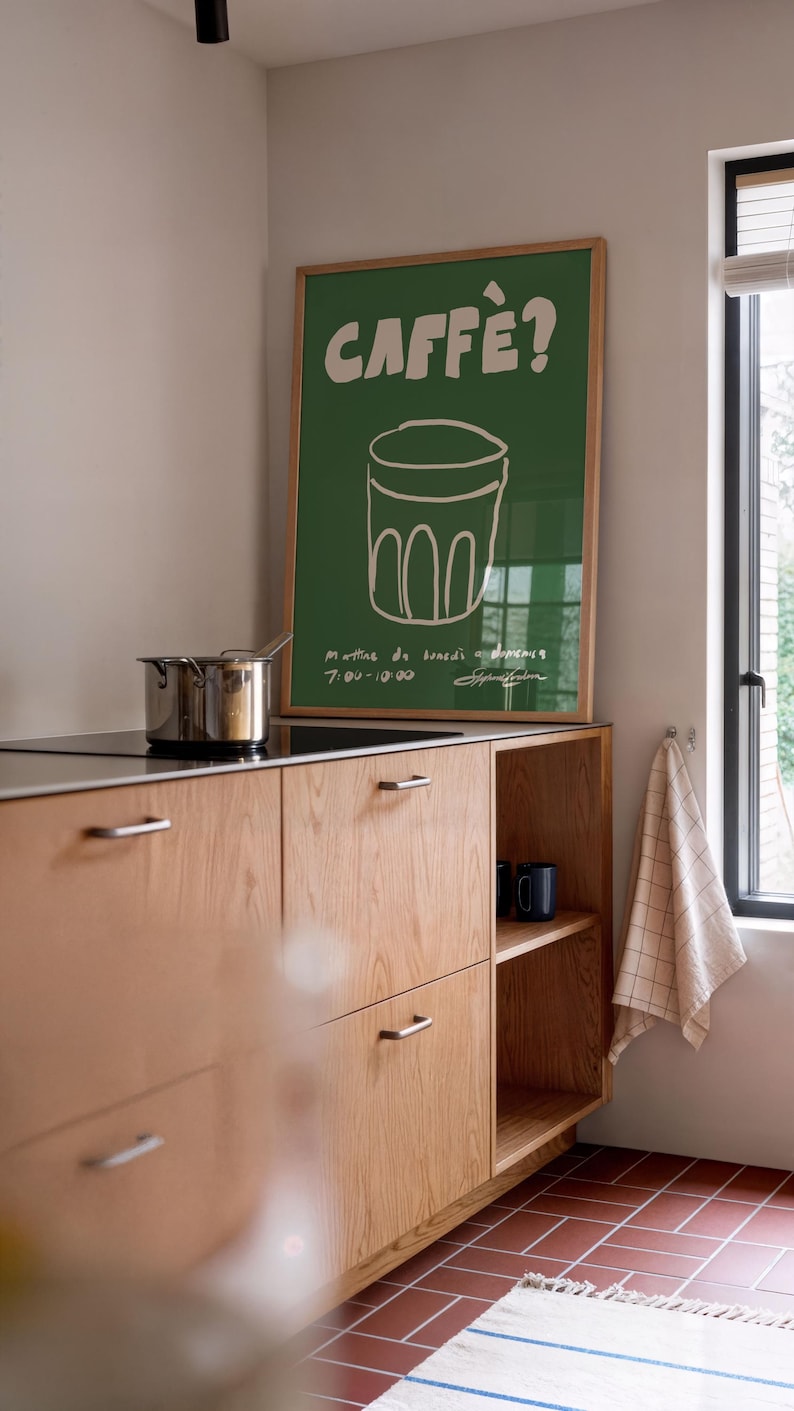 Caffe Coffee-poster: retro groene keukenprint, moderne Italiaanse muurkunst voor Coffee Station, minimalistische coole kunst voor café of restaurant afbeelding 5