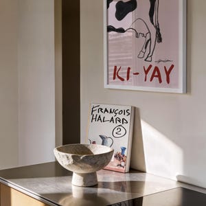 Op de afbeelding: Een ingelijst kunstwerk met een koe-illustratie en het woord "YIPPIE" in het rood. Daaronder staat het woord "KI-YAY" ook in het rood. Een stenen kom staat op een roestvrijstalen aanrechtblad, naast een boek met de titel "FRANCOIS HALARD".