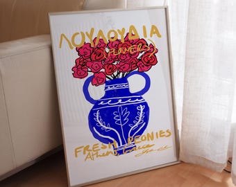Greek Flower Market Print: Abstract Floral Art, Blue Vase Poster