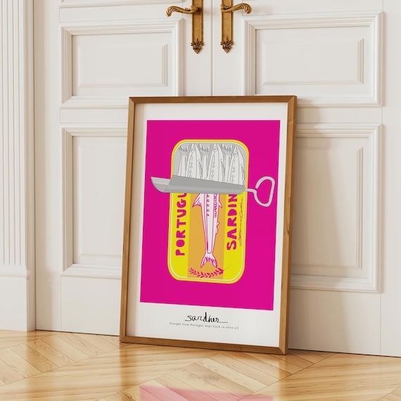 Sardines Art Print: Vintage Seafood, Retro Kitchen Decor, Bright Colorful Wall art for Kitchen or Dining Room, Whimsical Tinned Fish Poster