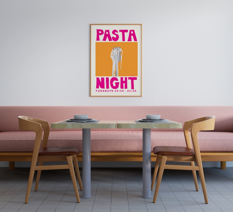 Pasta Night Poster Spaghetti Poster Food Print Modern Kitchen Decor Pasta Print Retro Wall Art Pop Art Food Print image 6