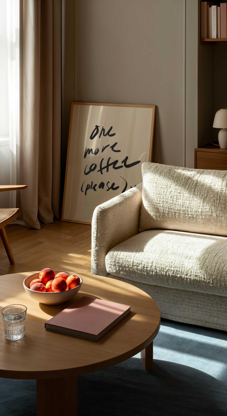 Puede incluir: Escena de sal&oacute;n con una mesa de centro redonda de madera, un sof&aacute; beige y un cuadro enmarcado con el texto "one more coffee (please)." Un cuenco de melocotones y un libro rosa est&aacute;n sobre la mesa.