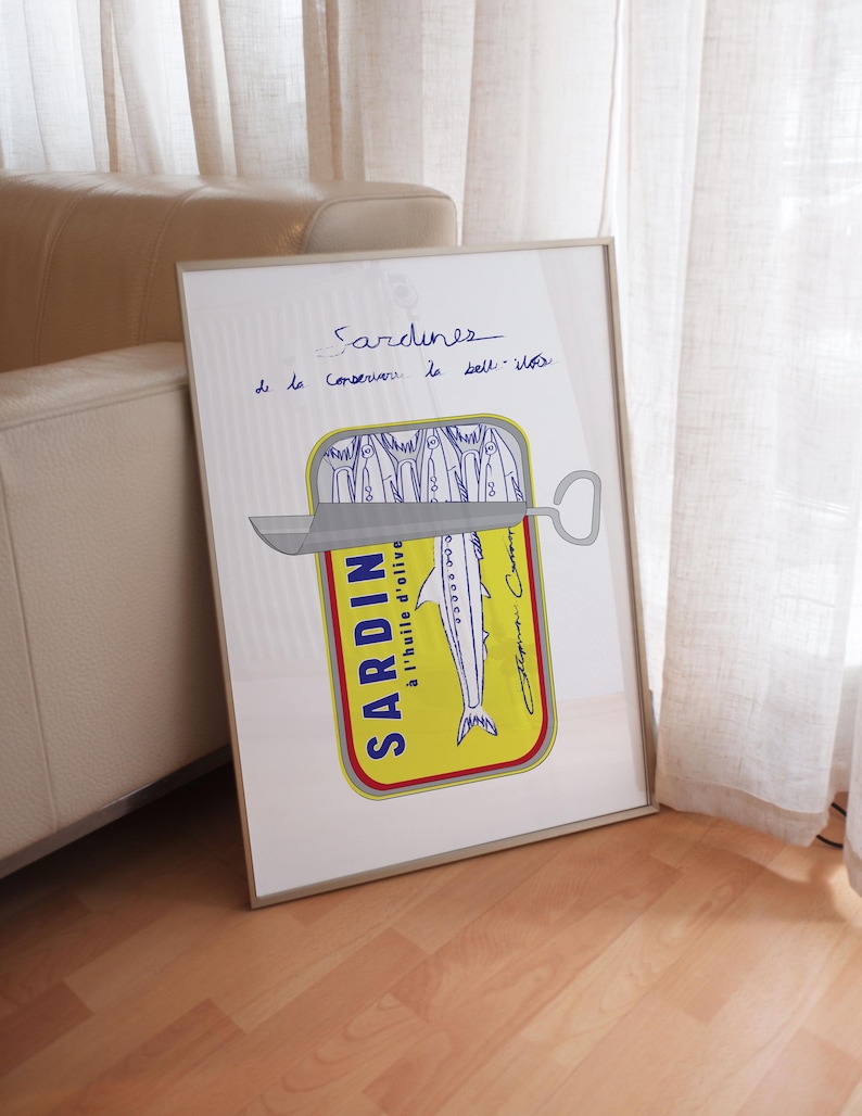 minimalistic nautical beachy poster in white showing hand drawn sketch of a tin of sardines in yellow with blue script typography