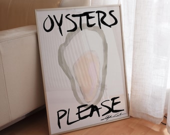 Oysters Please Painting Print: Retro Seafood Kitchen Wall Art, Chic Bar Cart Decor